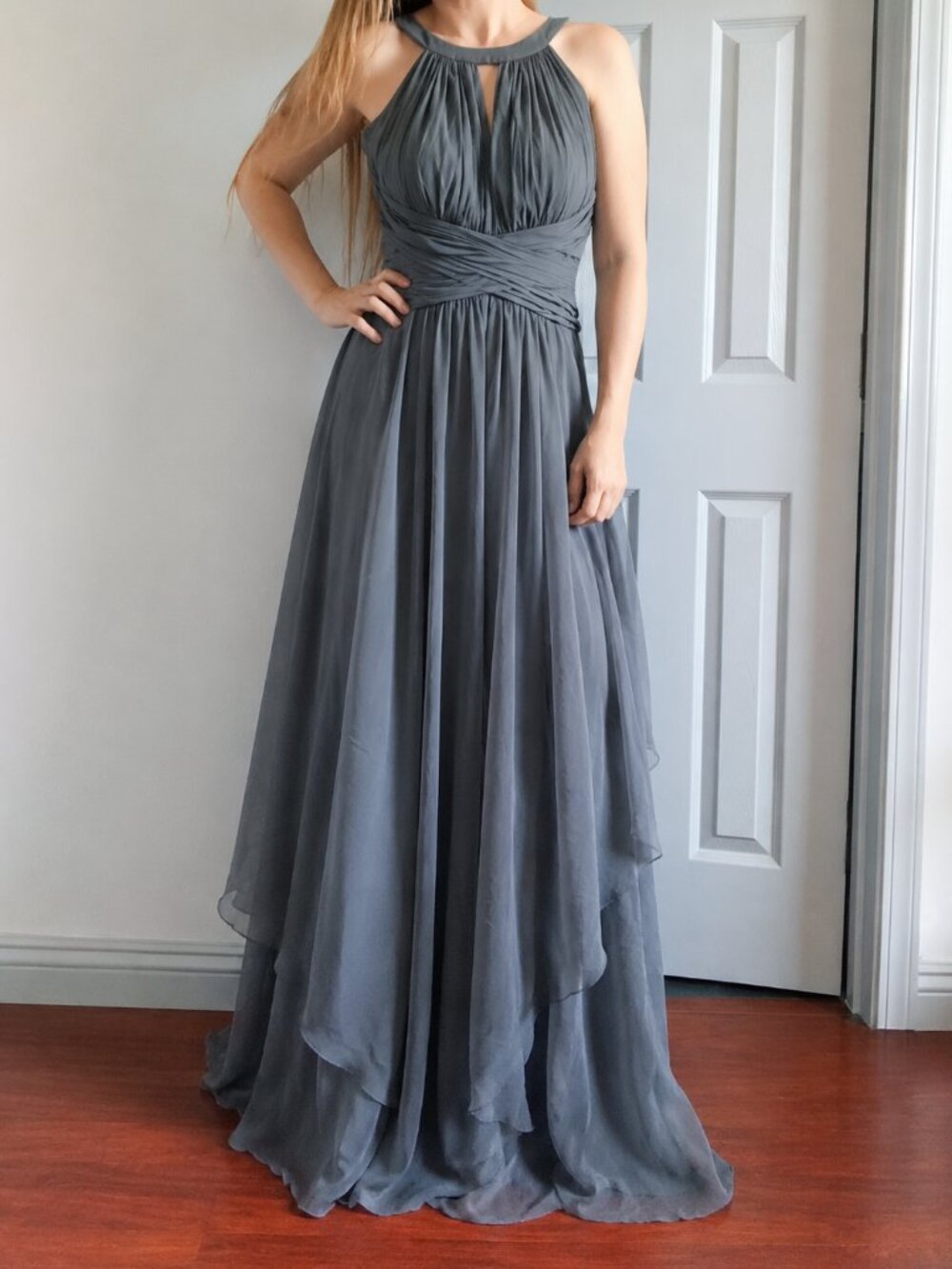Prom wedding bridal bridesmaid gray maxi dress,  size US 8